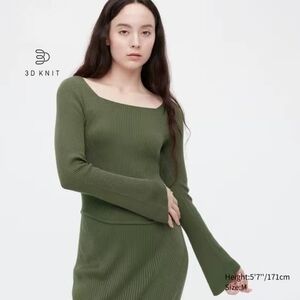 Uniqlo Olive Ribbed Off-Shoulder Knit Sweater